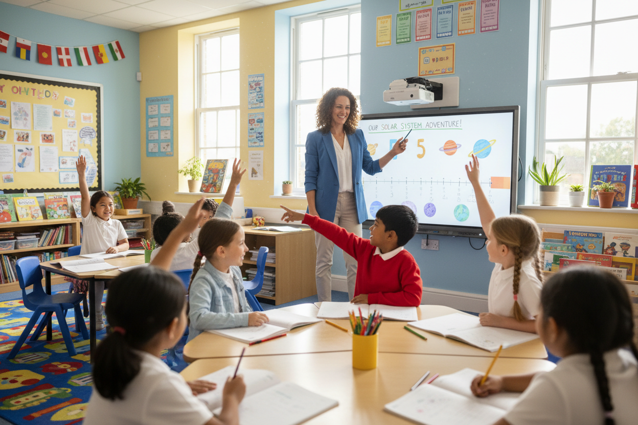 Supply teacher engaging with students